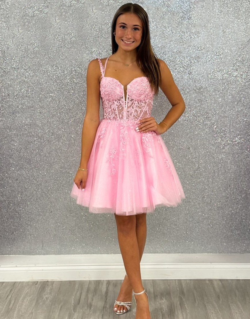 Pink Spaghetti Straps Short A-Line Tulle Corset Homecoming Dress with Appliques