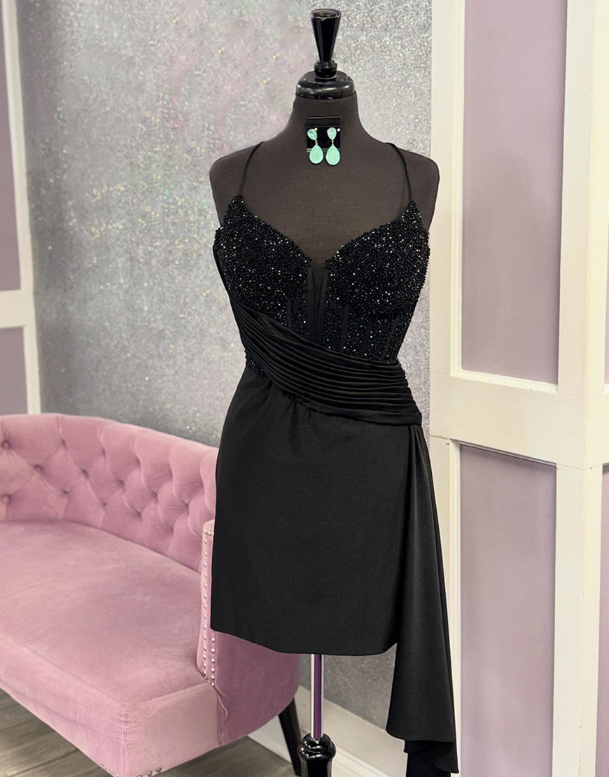 Sparkly Black Short Satin Ruched Beaded Corset Homecoming Dress with Side Cape