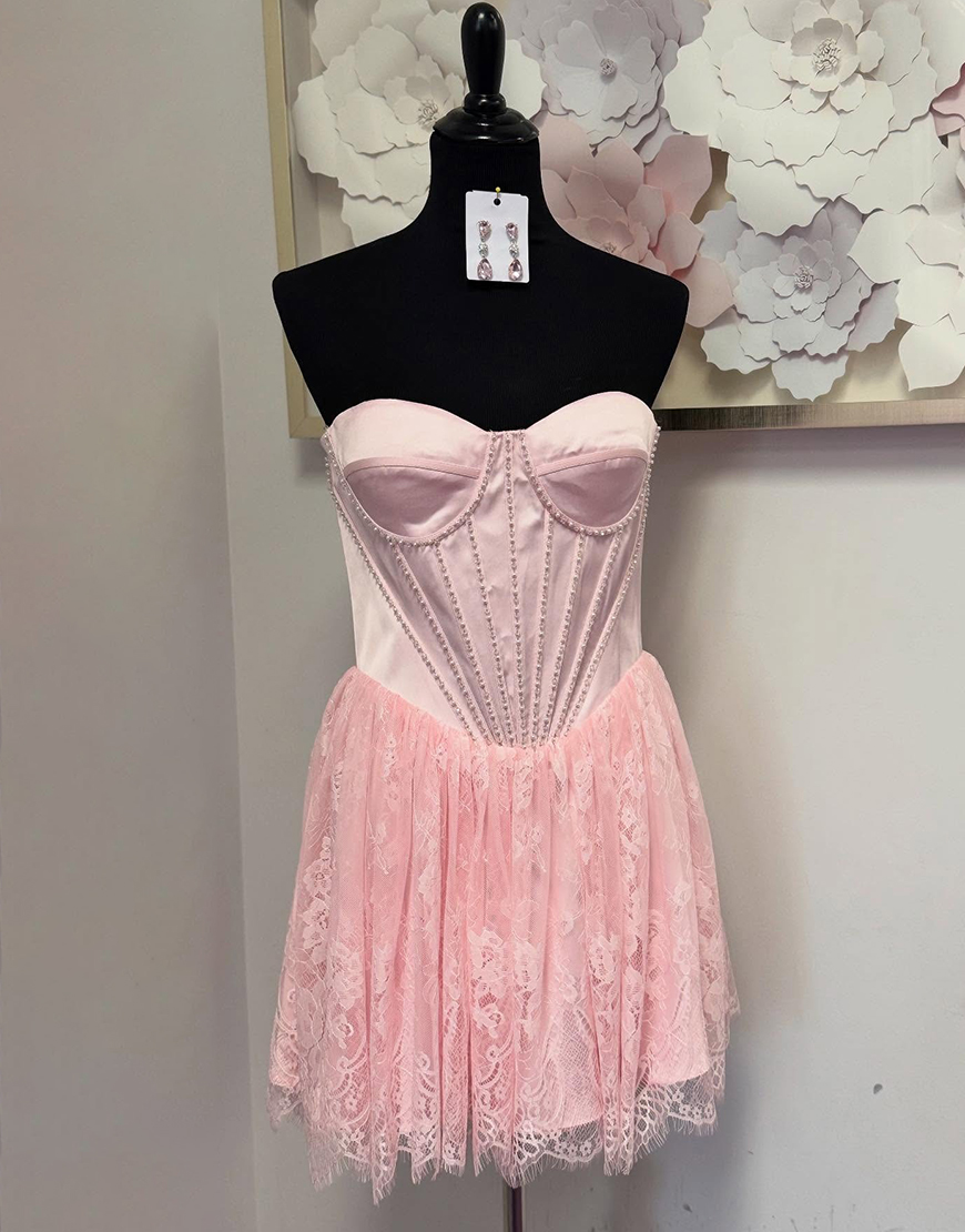 Pink A-Line Short Corset Homecoming Dress with Beading