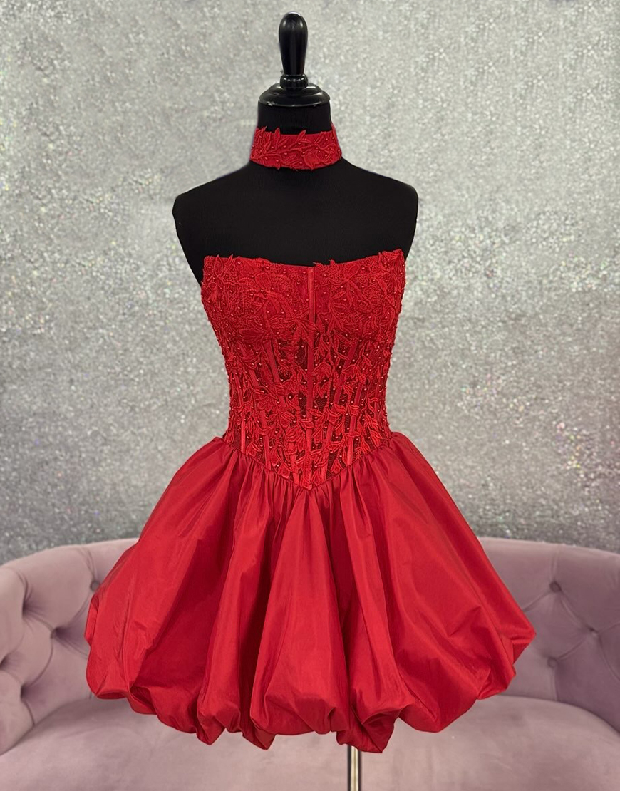 Red A-Line Strapless Satin Corset Short Homecoming Dress with Appliques