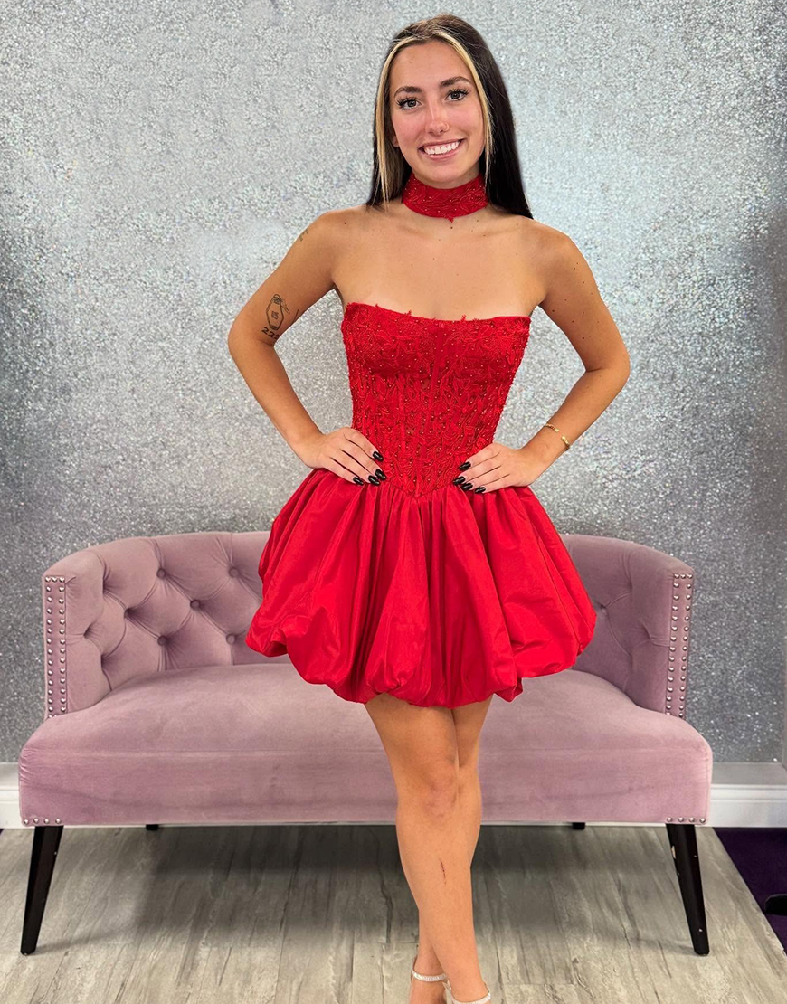 Red A-Line Strapless Satin Corset Short Homecoming Dress with Appliques