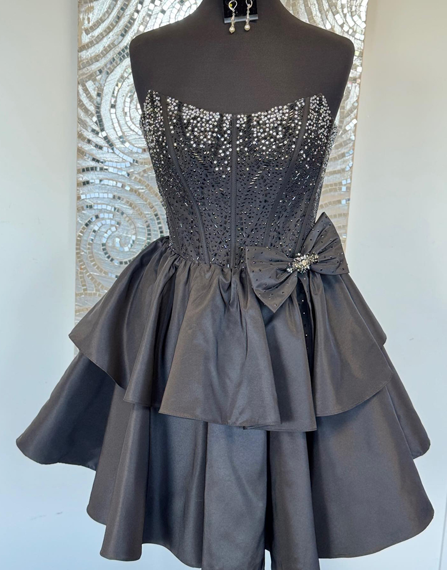 Sparkly Black A-Line Satin Tiered Beaded A-Line Corset Short Homecoming Dress with Bow