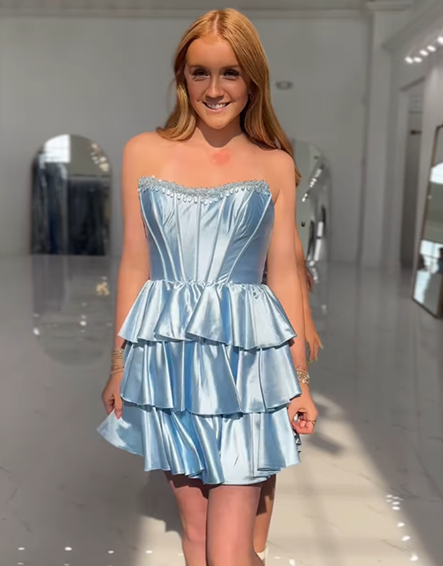 Yellow A-Line Satin Tiered Corset Short Homecoming Dress with Beading