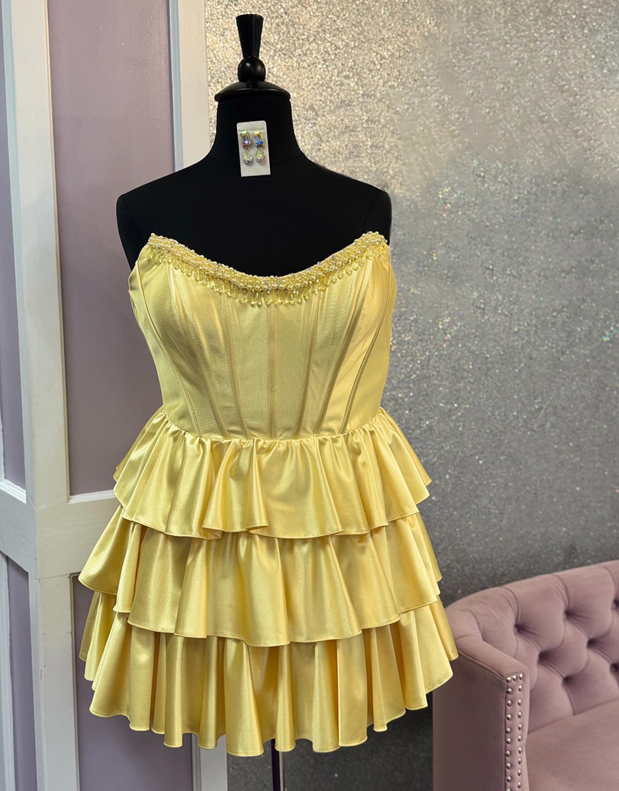 Yellow A-Line Satin Tiered Corset Short Homecoming Dress with Beading