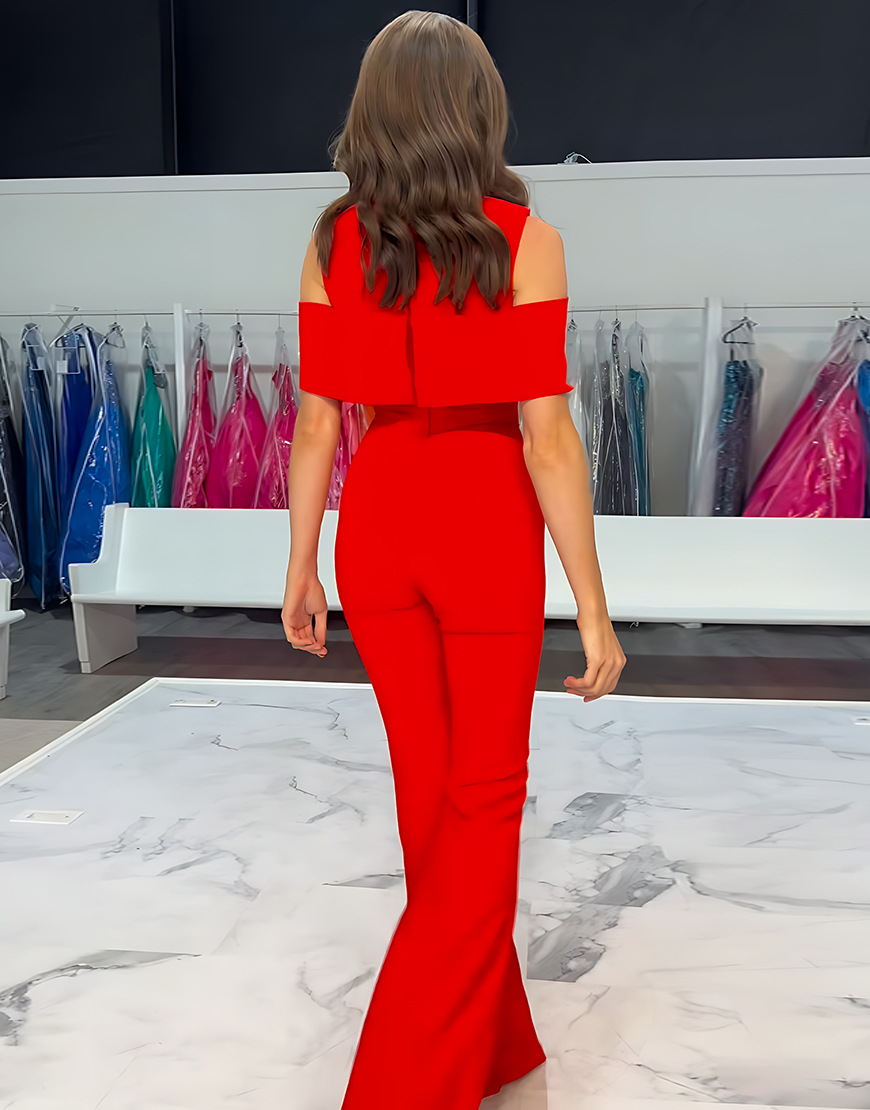 Red Cold Shoulder Tight Satin Long Homecoming Jumpsuits