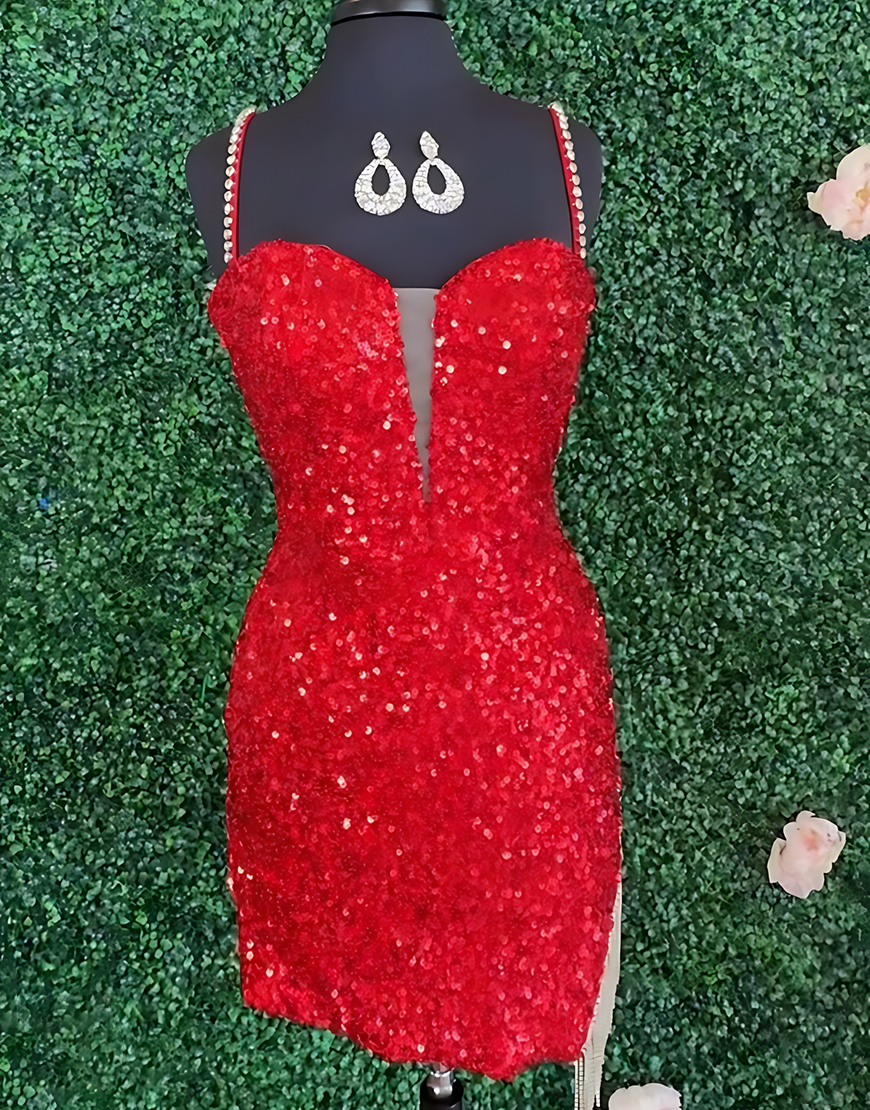 Sparkly Red Sequin Short Spaghetti Straps Tight Homecoming Dress with Fringes