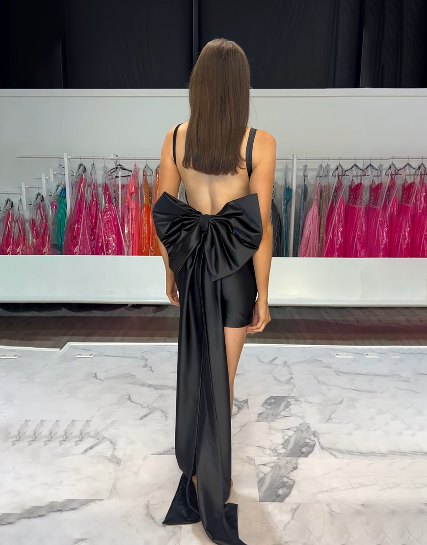 Black Ruched Tight Short Corset Satin Homecoming Dress with Bow