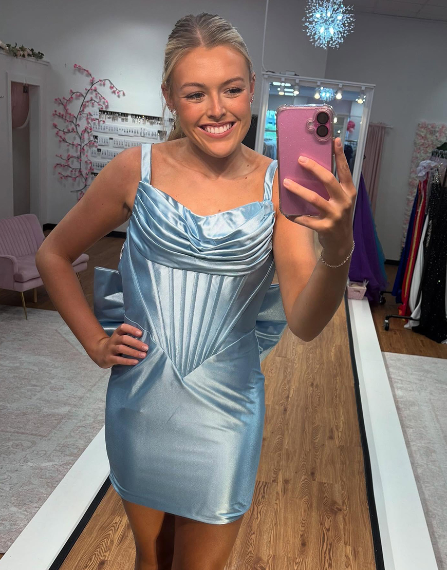 Black Ruched Tight Short Corset Satin Homecoming Dress with Bow