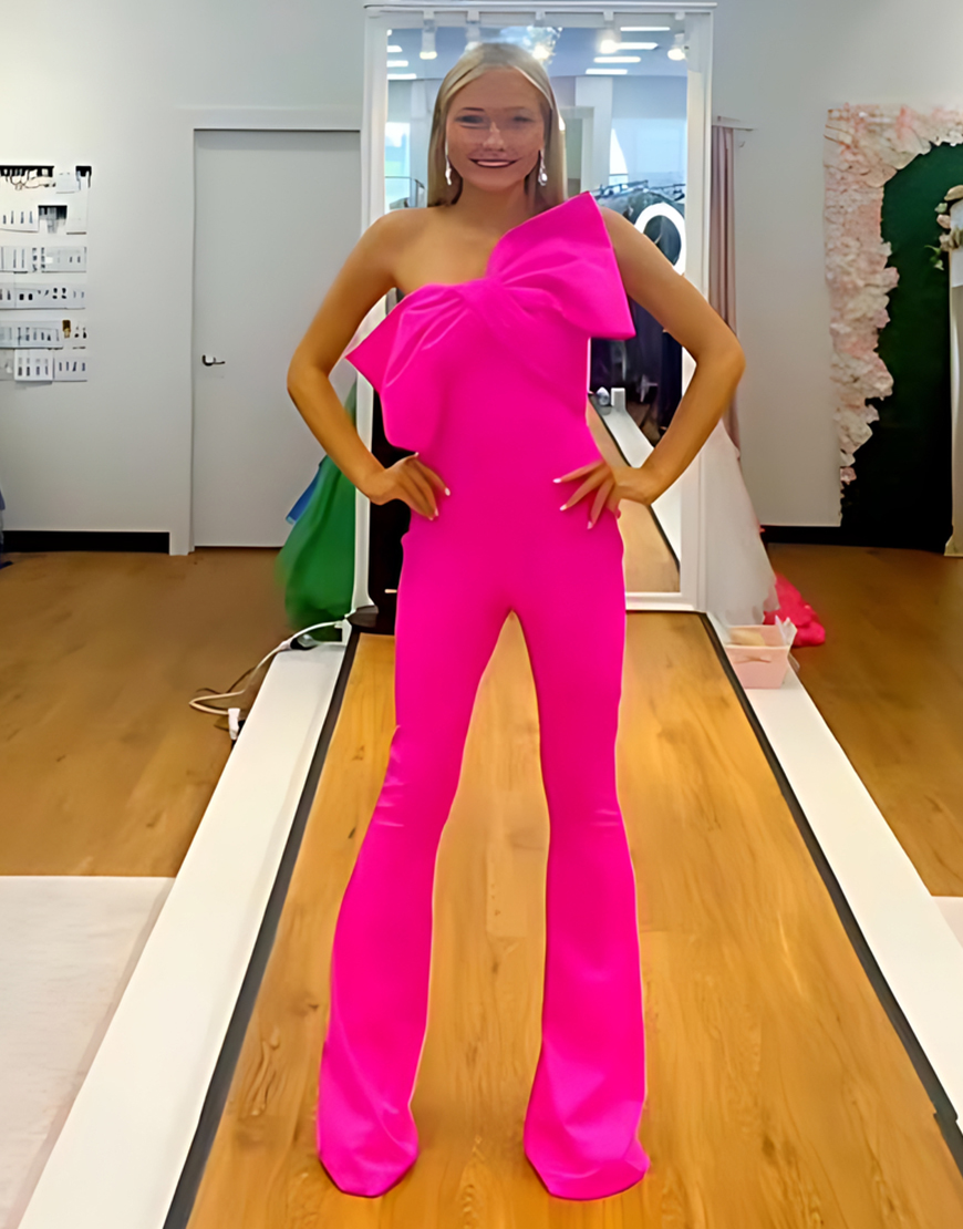 Fuchsia Strapless Tight Satin Long Homecoming Jumpsuits with Bow