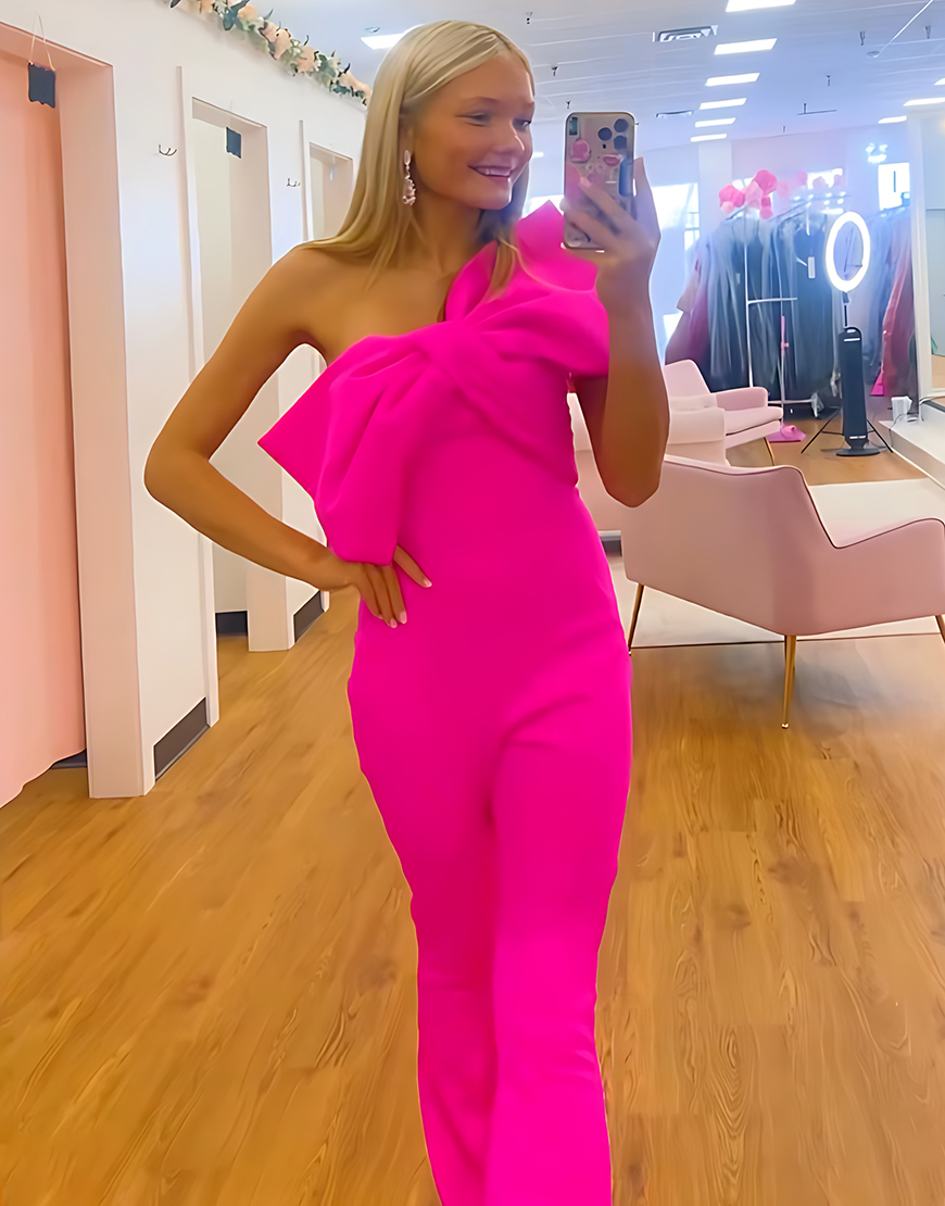 Fuchsia Strapless Tight Satin Long Homecoming Jumpsuits with Bow