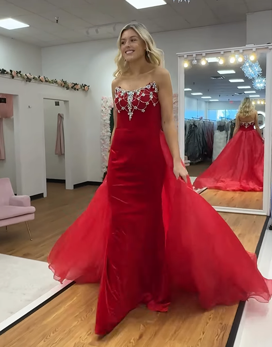 Sparkly White Mermaid Strapless Satin Long Prom Dress with Beading