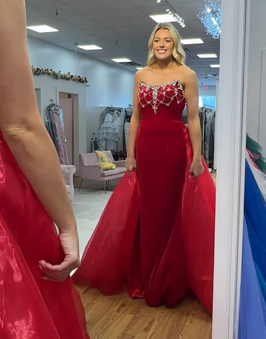 Sparkly White Mermaid Strapless Satin Long Prom Dress with Beading