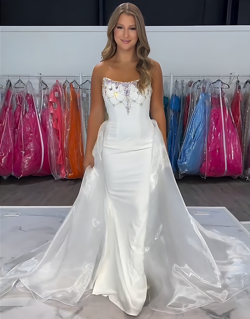 Berlinnova Women Sparkly White Long Satin Prom Dress with Beading Strapless Mermaid Gala Dress with Cape