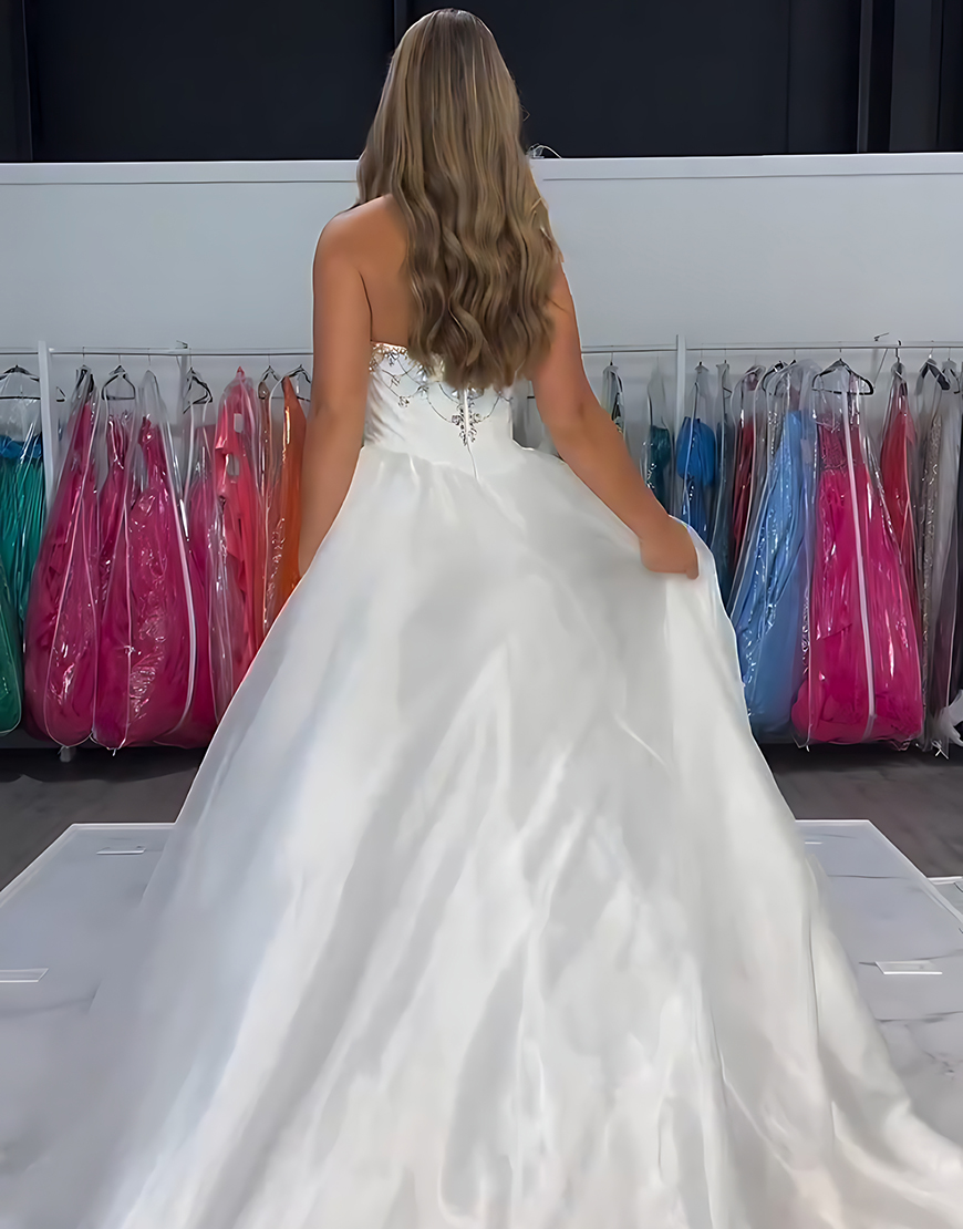 Sparkly White Mermaid Strapless Satin Long Prom Dress with Beading