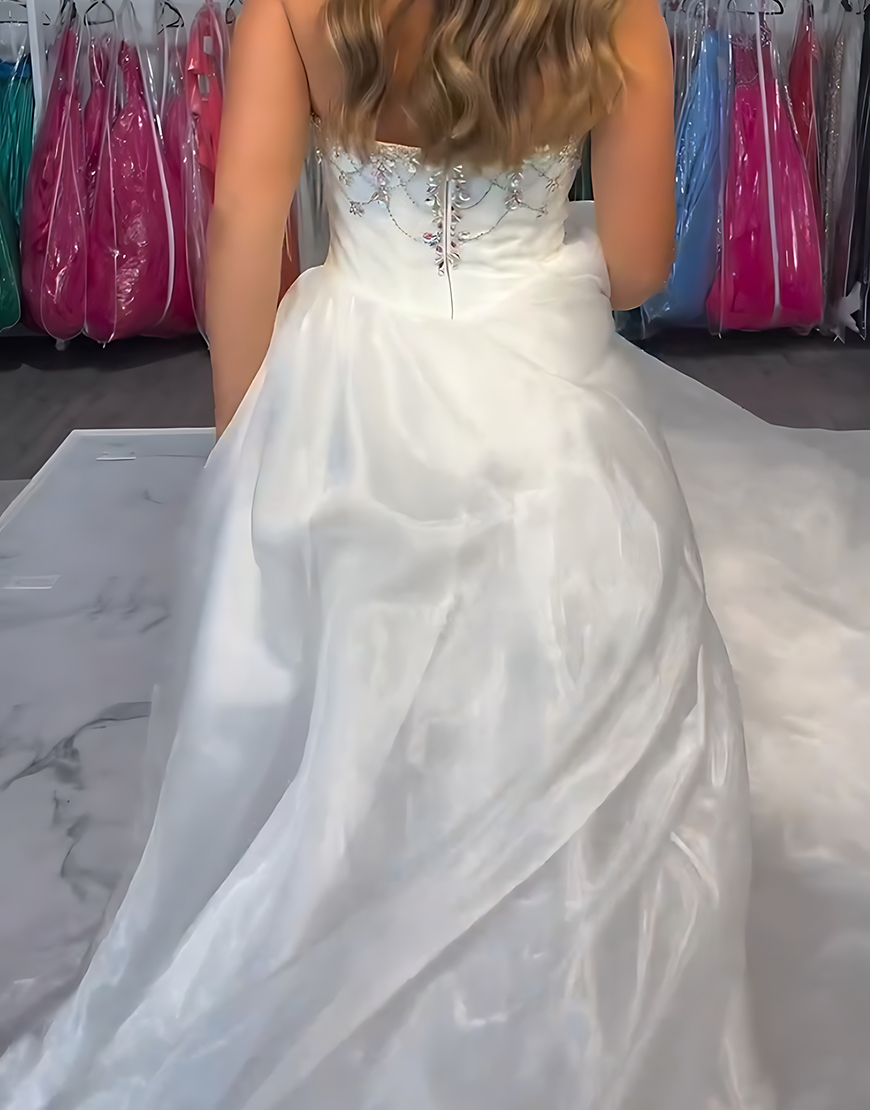 Sparkly White Mermaid Strapless Satin Long Prom Dress with Beading