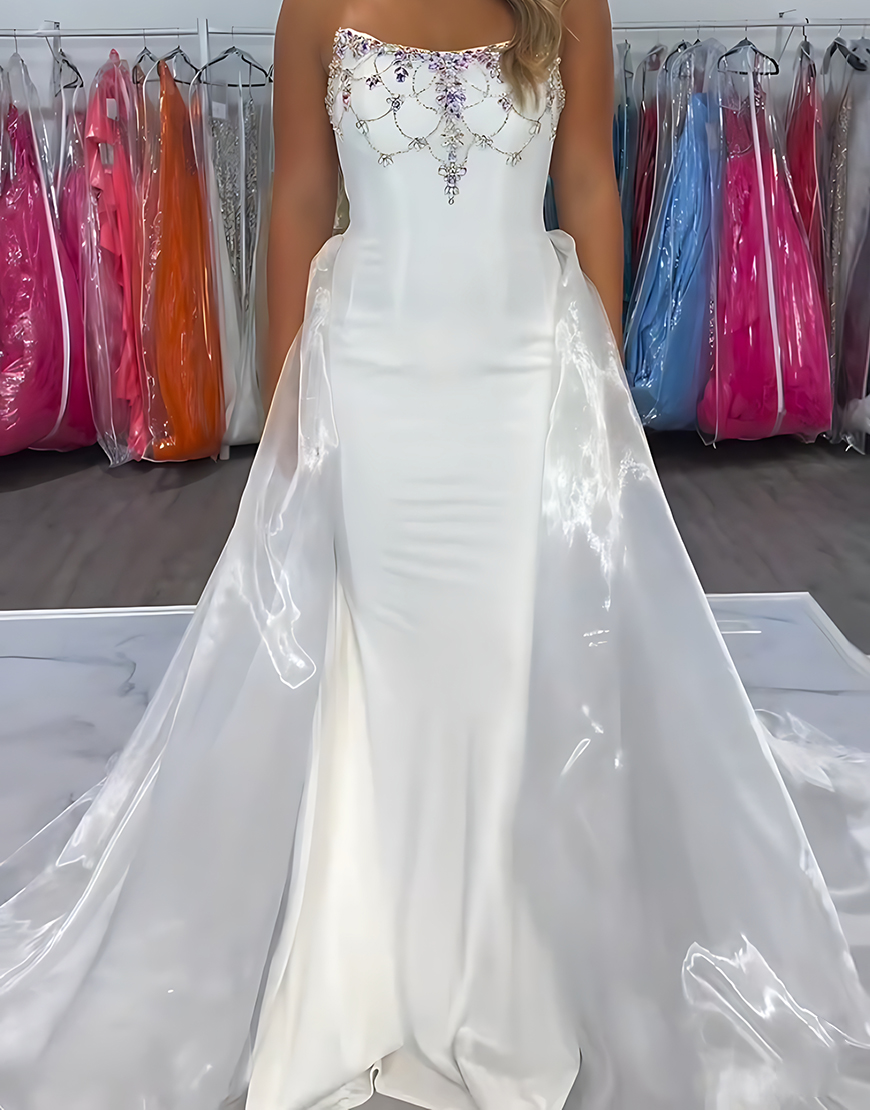 Sparkly White Mermaid Strapless Satin Long Prom Dress with Beading