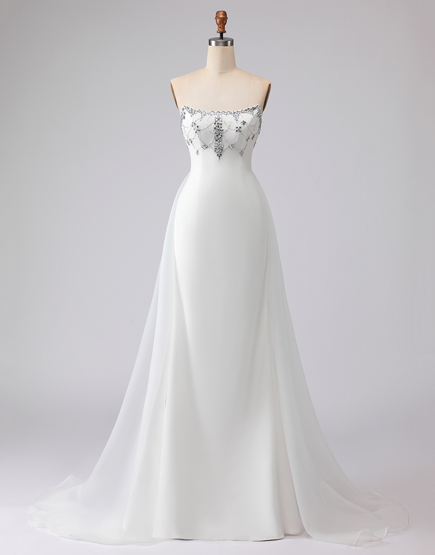 Sparkly White Mermaid Strapless Satin Long Prom Dress with Beading