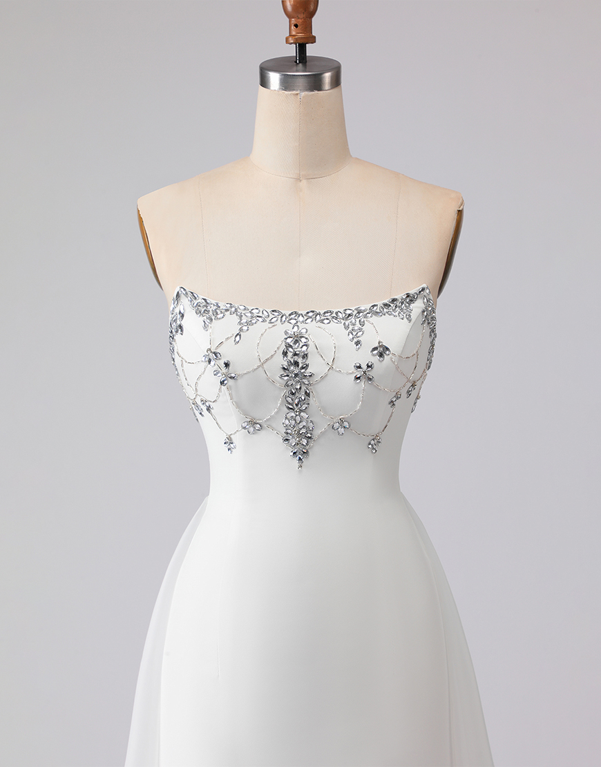 Sparkly White Mermaid Strapless Satin Long Prom Dress with Beading