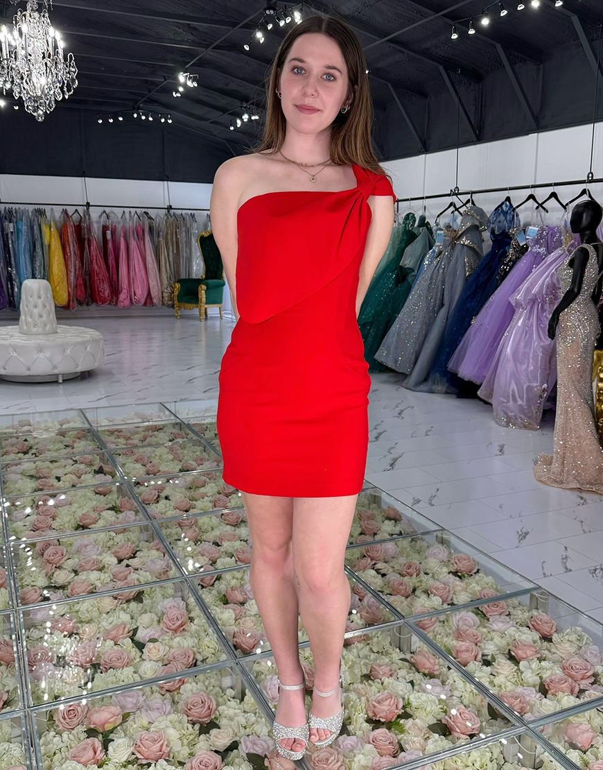 Red One Shoulder Tight Short Satin Homecoming Dress with Bow