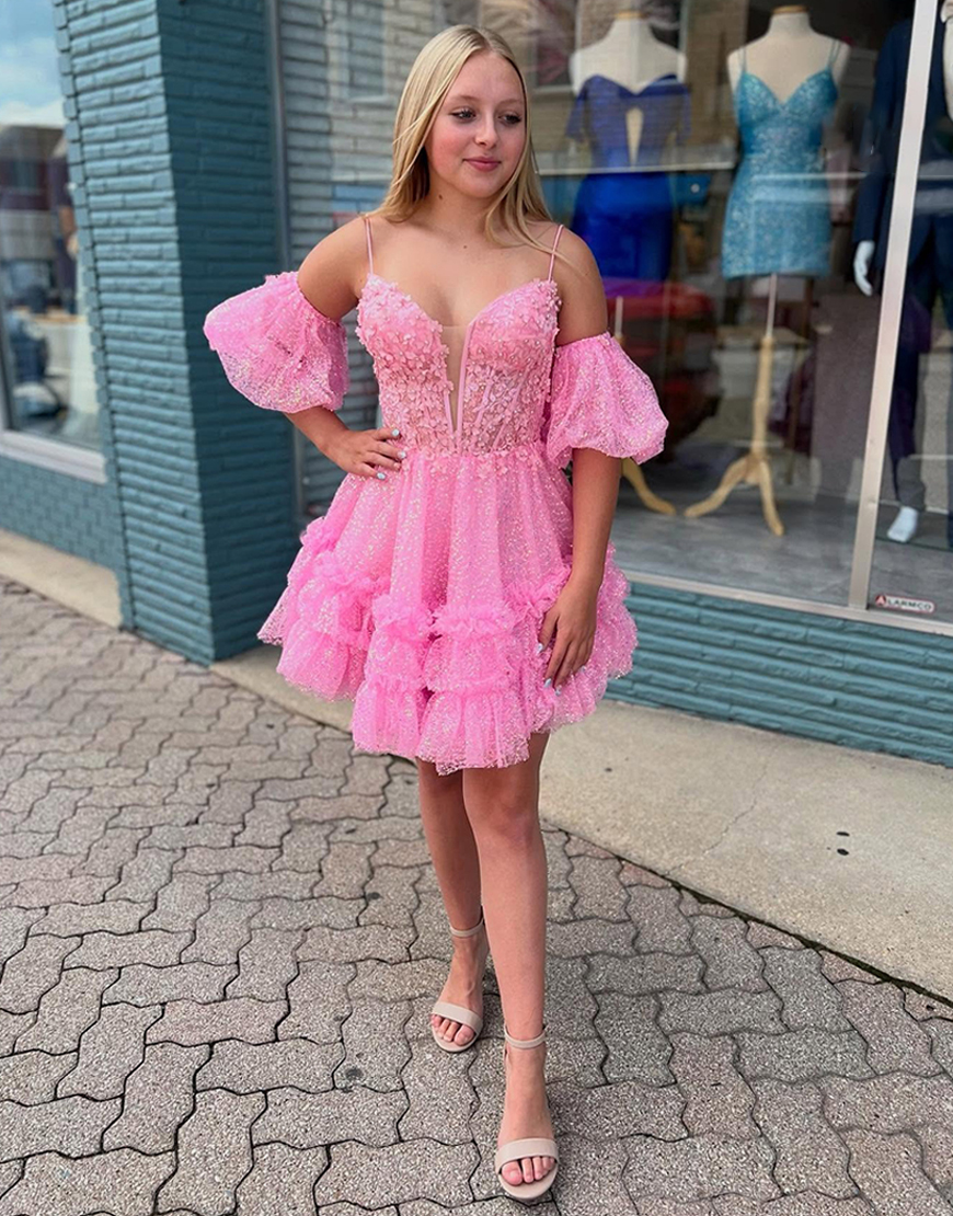 Sparkly Pink Ruffled Corset Short Homecoming Dress with Appliques