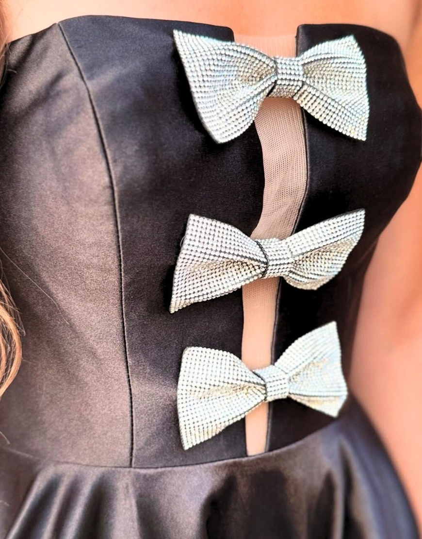 Black A-Line Satin Short Strapless Homecoming Dress with Bows