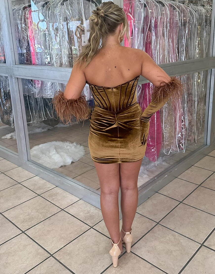 Coffee Strapless Velvet Short Tight Corset Homecoming Dress (Gloves Not Included)