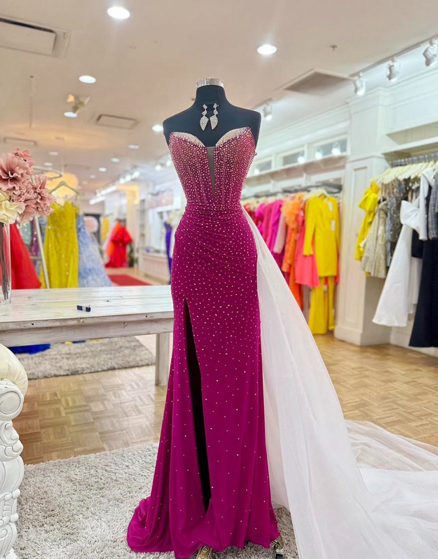 Berlinnova Women Sparkly Fuchsia Mermaid Beaded Long Prom Dress with Slit Strapless Corset Pageant Dress with Cape