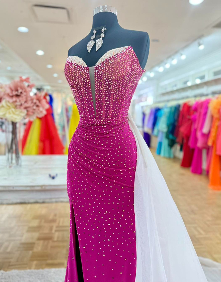 Sparkly Fuchsia Mermaid Sweetheart Beaded Long Prom Dress with Slit