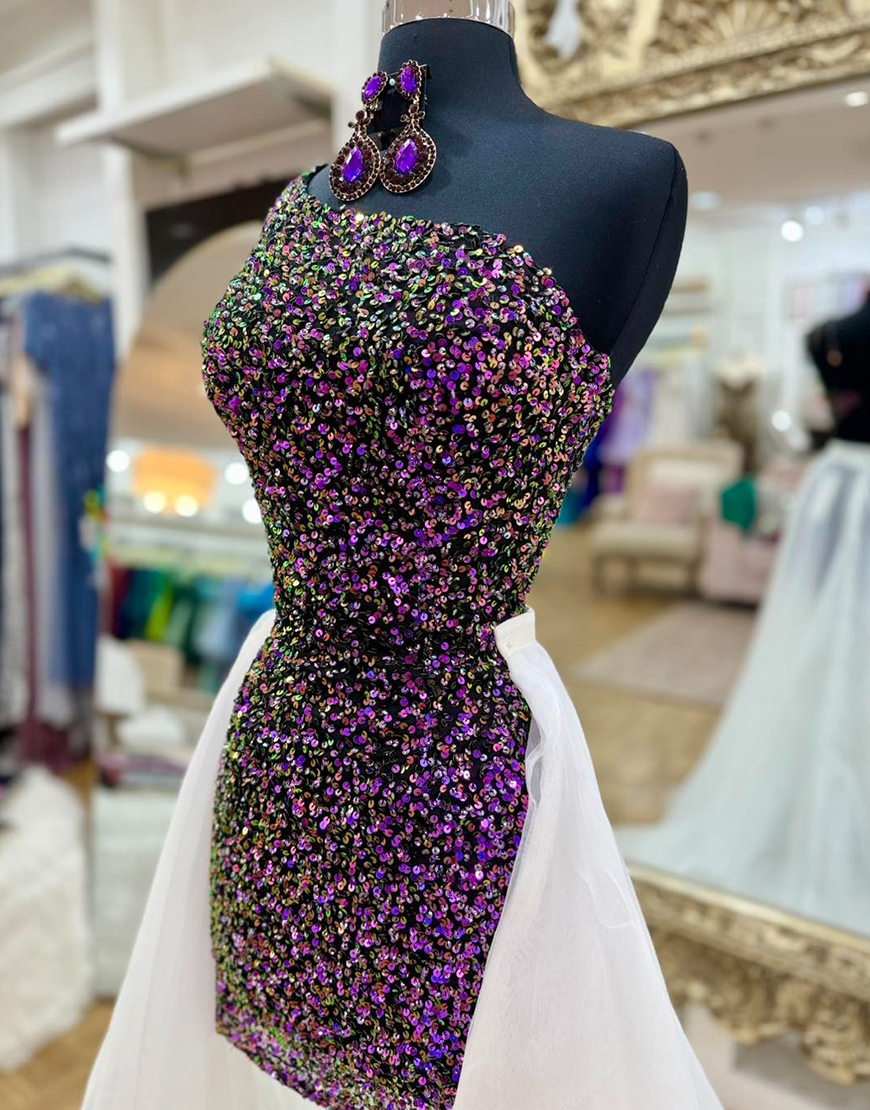 Sparkly Purple One Shoulder Short Sequin Tight Homecoming Dress with Cape