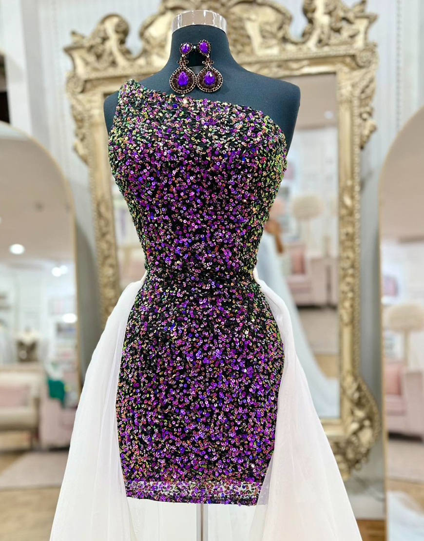 Sparkly Purple One Shoulder Short Sequin Tight Homecoming Dress with Cape