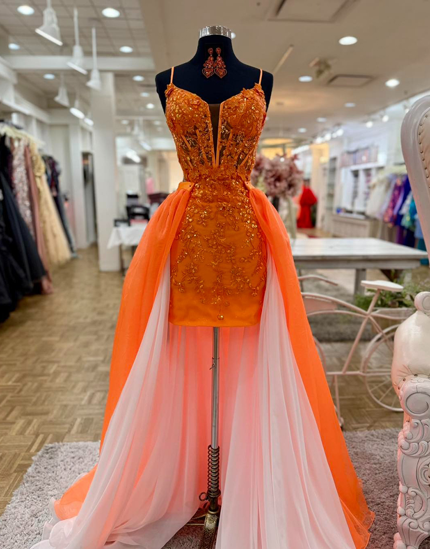 Sparkly Orange Sequin Tight Appliqued Corset Short Homecoming Dress with Cape