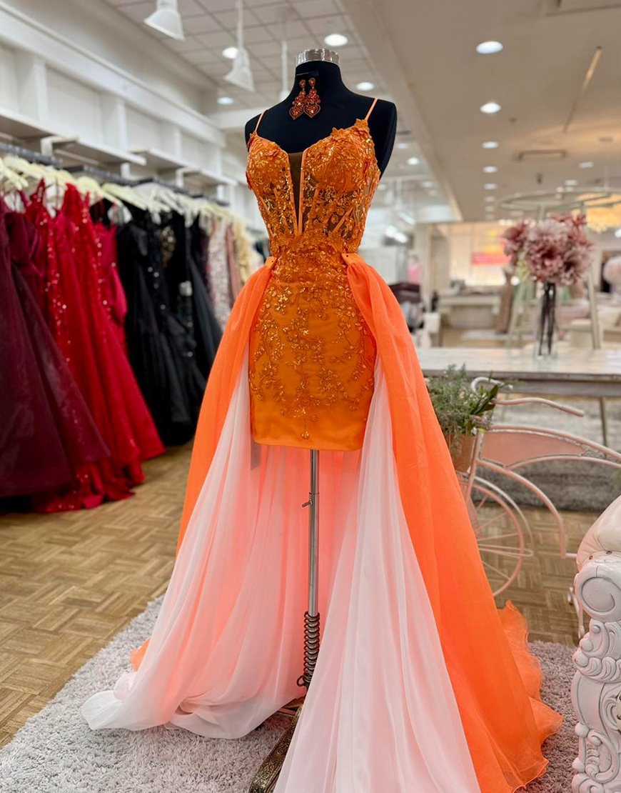 Sparkly Orange Sequin Tight Appliqued Corset Short Homecoming Dress with Cape