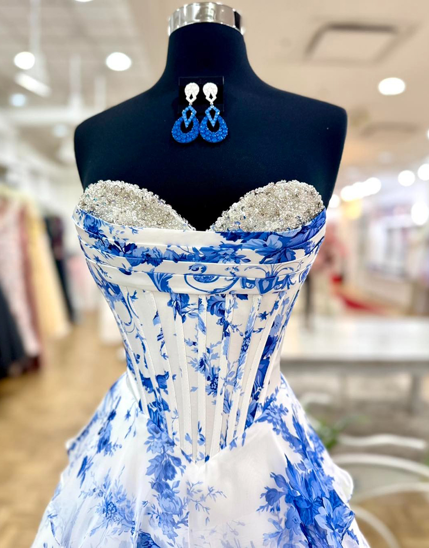 Blue Floral Ruffled A-Line Corset Short Homecoming Dress with Beading