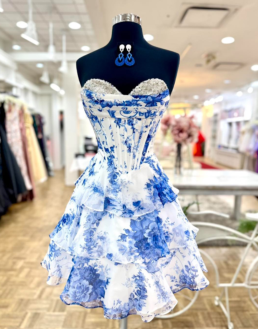 Blue Floral Ruffled A-Line Corset Short Homecoming Dress with Beading