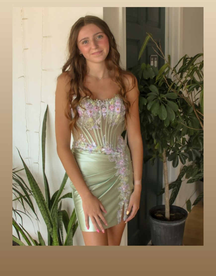 Light Green Strapless Satin Short Tight Corset Homecoming Dress with Appliques