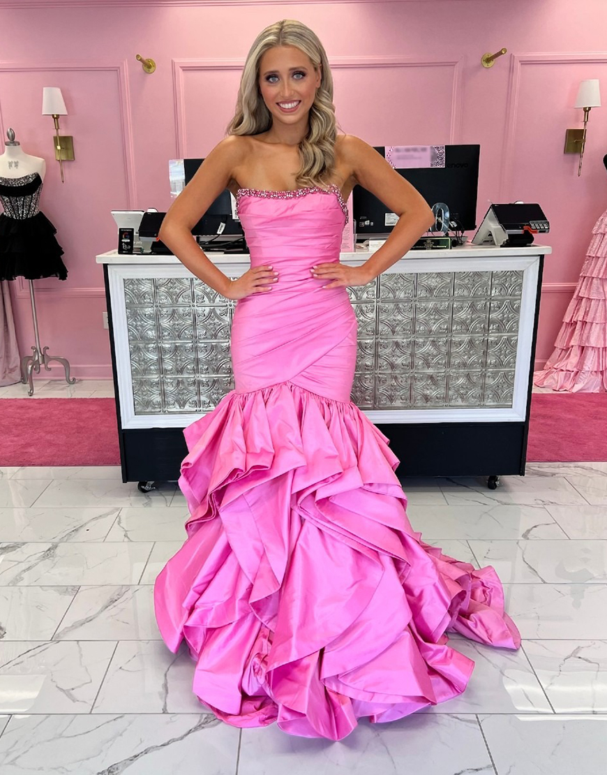 Pink Strapless Ruffled Mermaid Long Satin Prom Dress with Beading