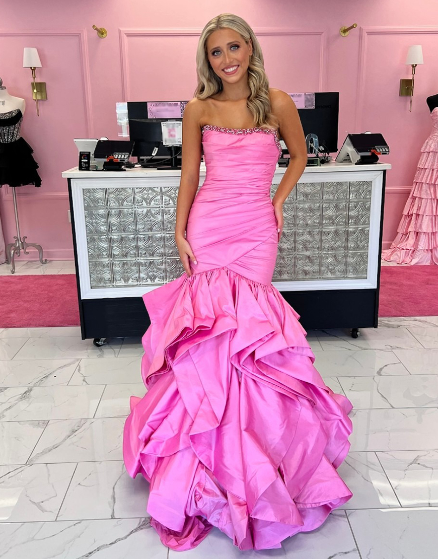 Berlinnova Women Sparkly Pink Ruffled Long Satin Prom Dress with Beading Strapless Tiered Mermaid Pageant Dress