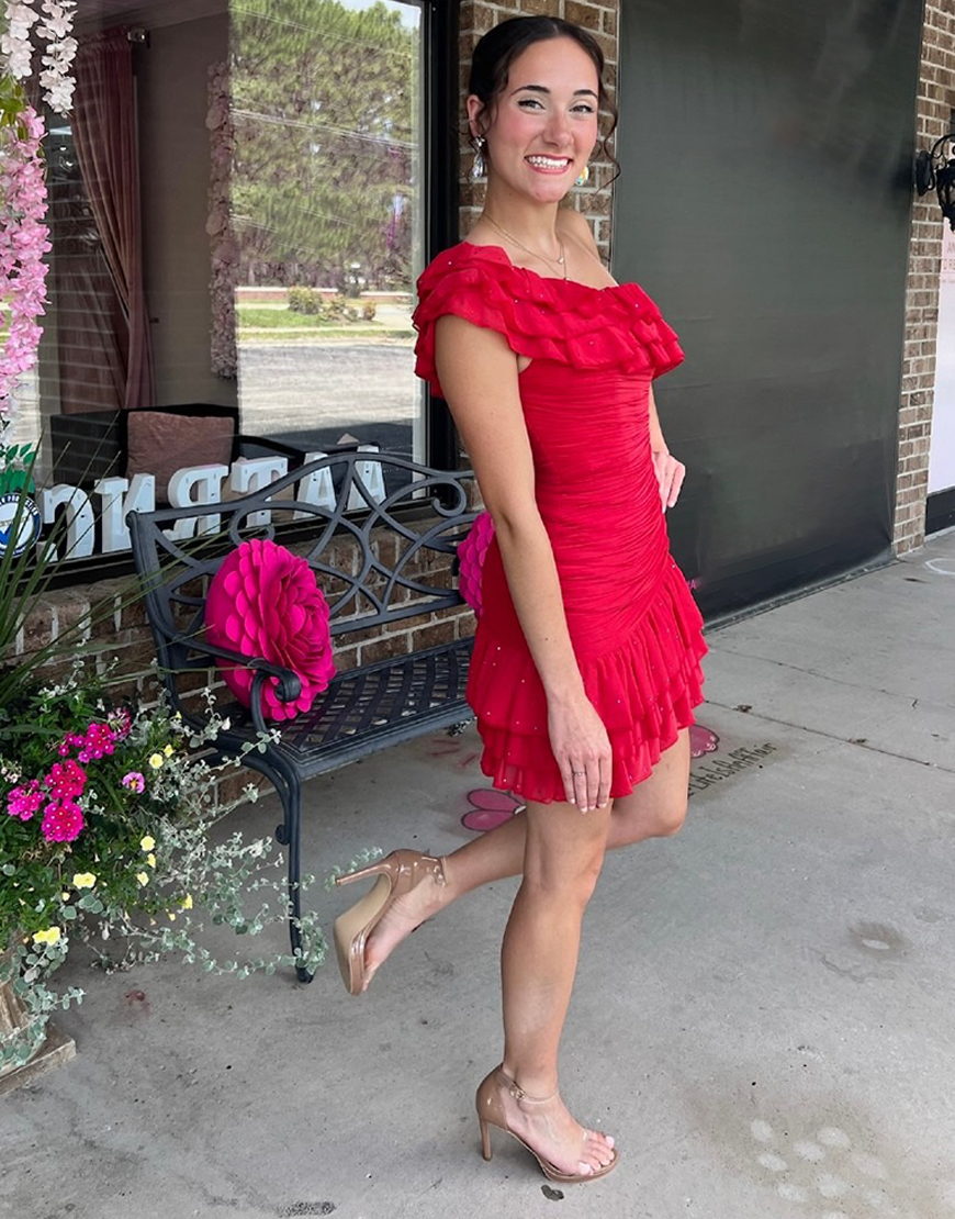 Red One Shoulder Short Ruffled Tight Homecoming Dress with Beading