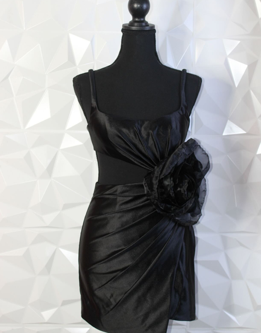 Black Spaghetti Straps Satin Short Tight Homecoming Dress with 3D Flowers