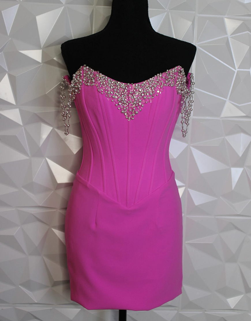 Sparkly Fuchsia Sweetheart Corset Tight Short Satin Homecoming Dress with Beading