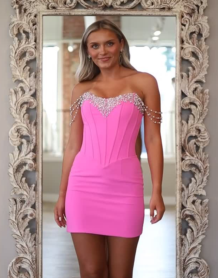 Sparkly Fuchsia Sweetheart Corset Tight Short Satin Homecoming Dress with Beading