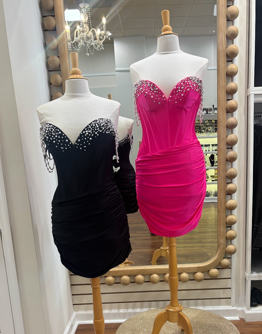 Sparkly Fuchsia Sweetheart Corset Tight Short Satin Homecoming Dress with Beading