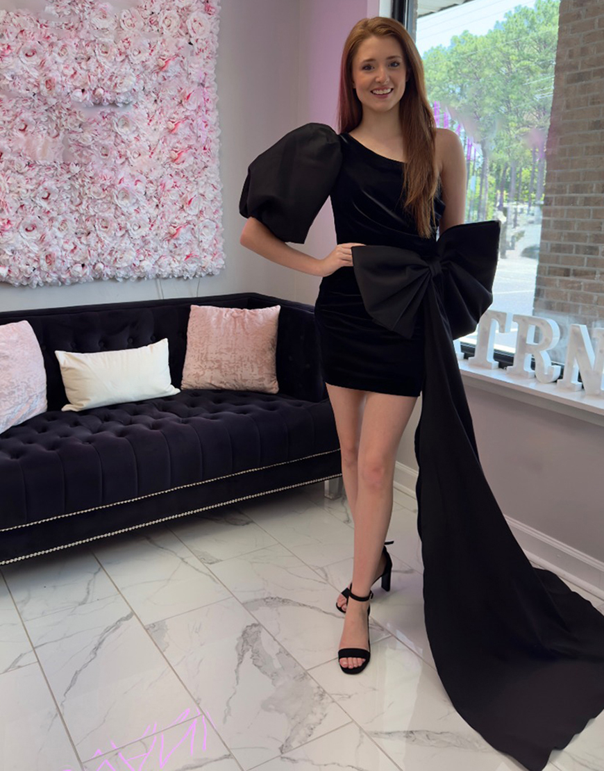 Black One Shoulder Puff Sleeves Short Tight Homecoming Dress with Bow