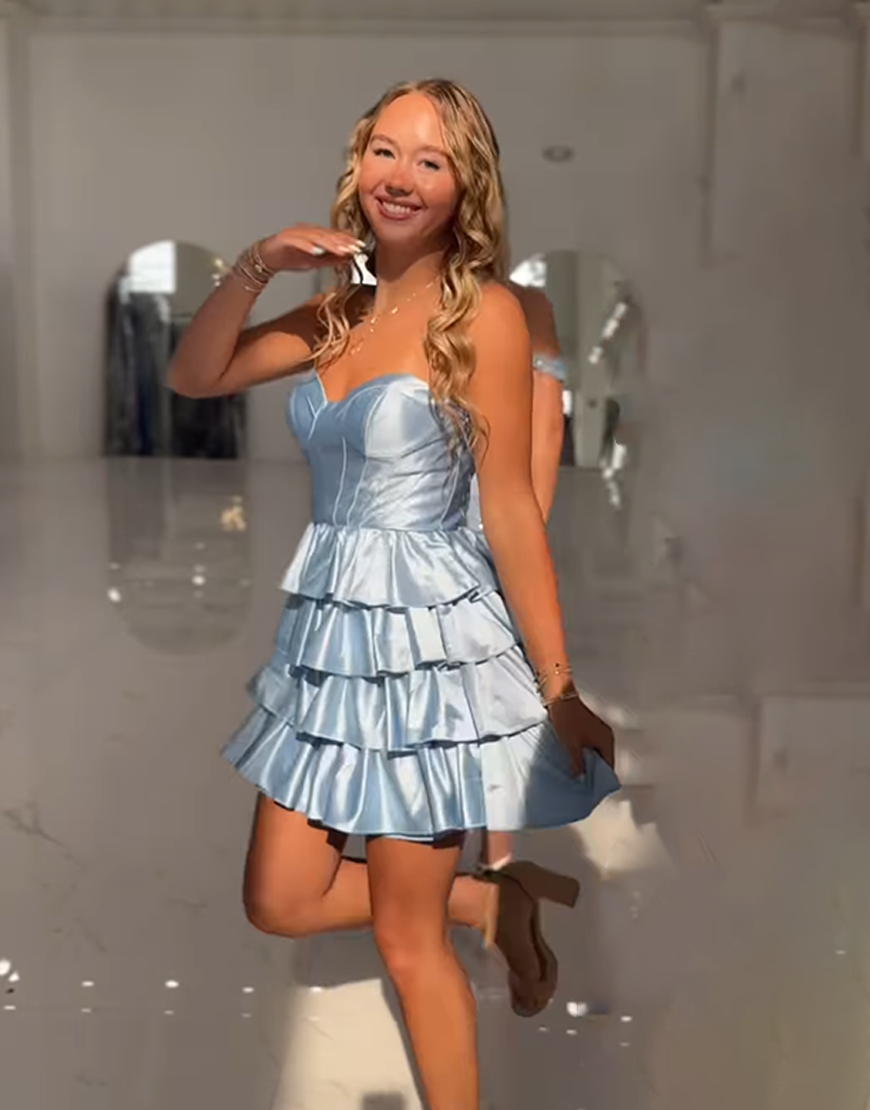 Light Blue Sweetheart A-Line Ruffled Satin Short Homecoming Dress