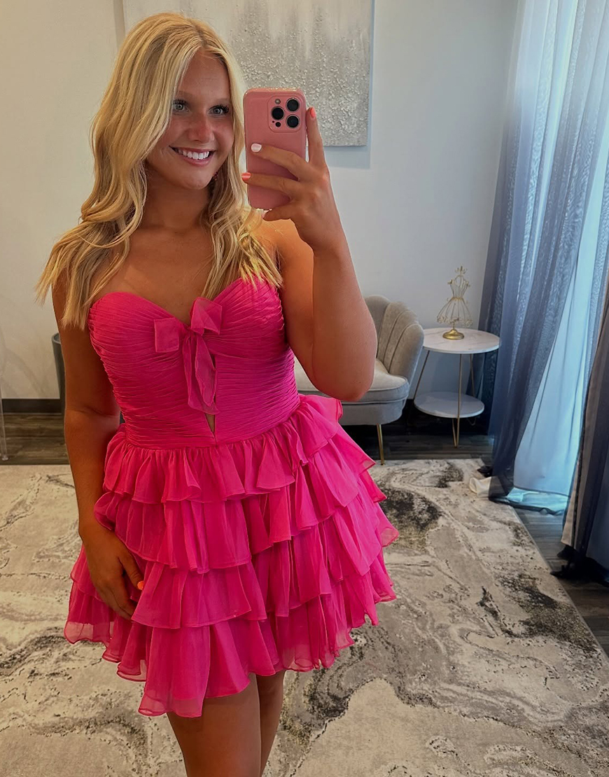 Pink A Line Ruffled Sweetheart Tiered Keyhole Short Homecoming Dress