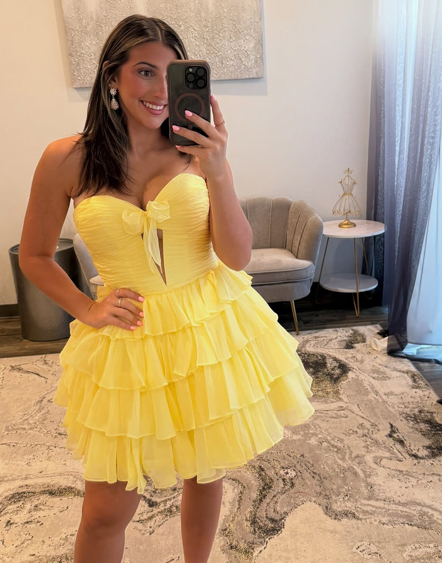 Pink A Line Ruffled Sweetheart Tiered Keyhole Short Homecoming Dress