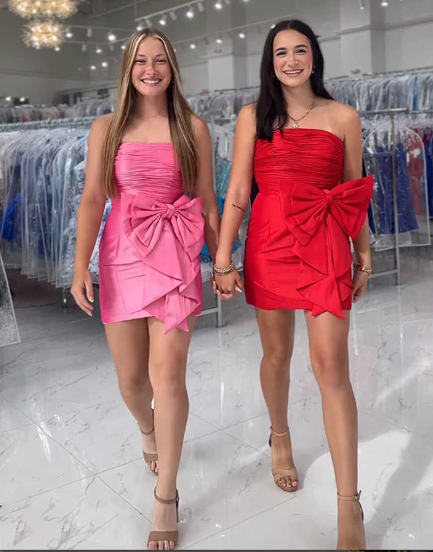 Pink Strapless Ruched Tight Short Satin Homecoming Dress with Bow