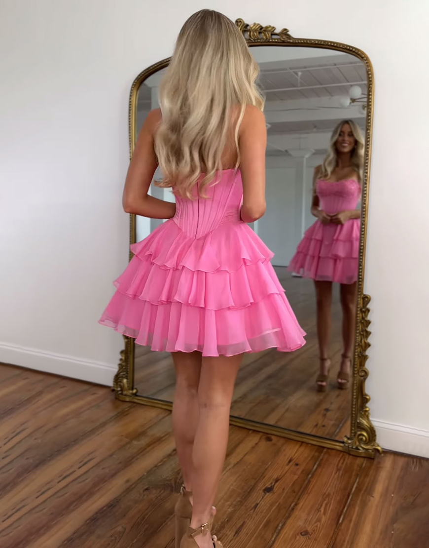 Pink Strapless A-Line Short Ruffled Corset Homecoming Dress with Appliques