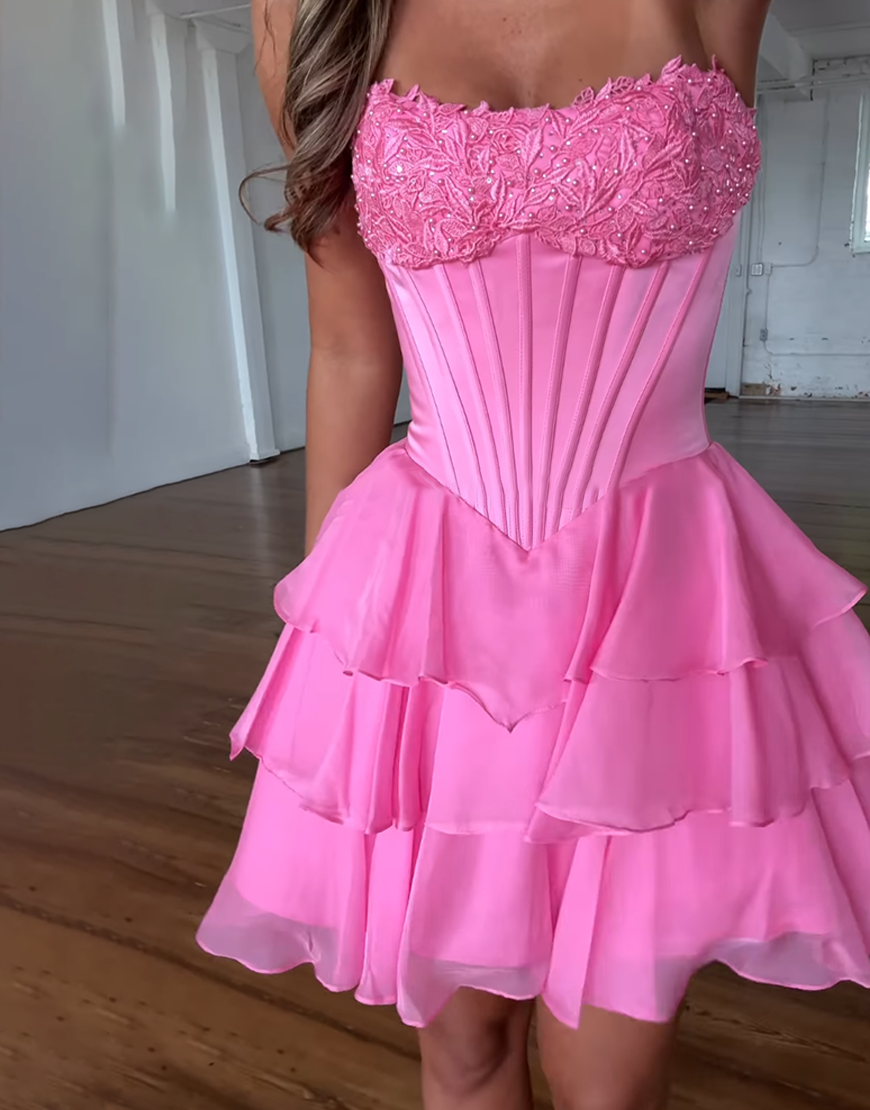 Pink Strapless A-Line Short Ruffled Corset Homecoming Dress with Appliques