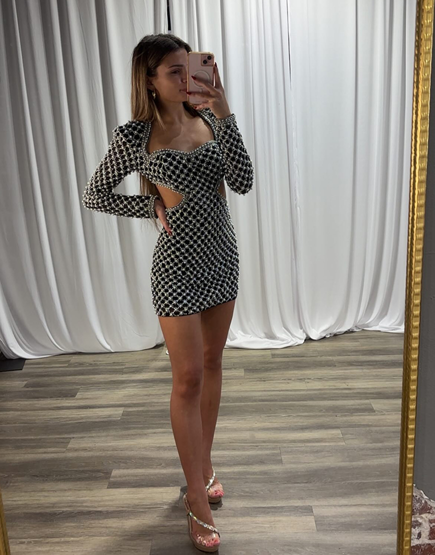 Sparkly Silver Short Tight Cut Out Homecoming Dress with Beading